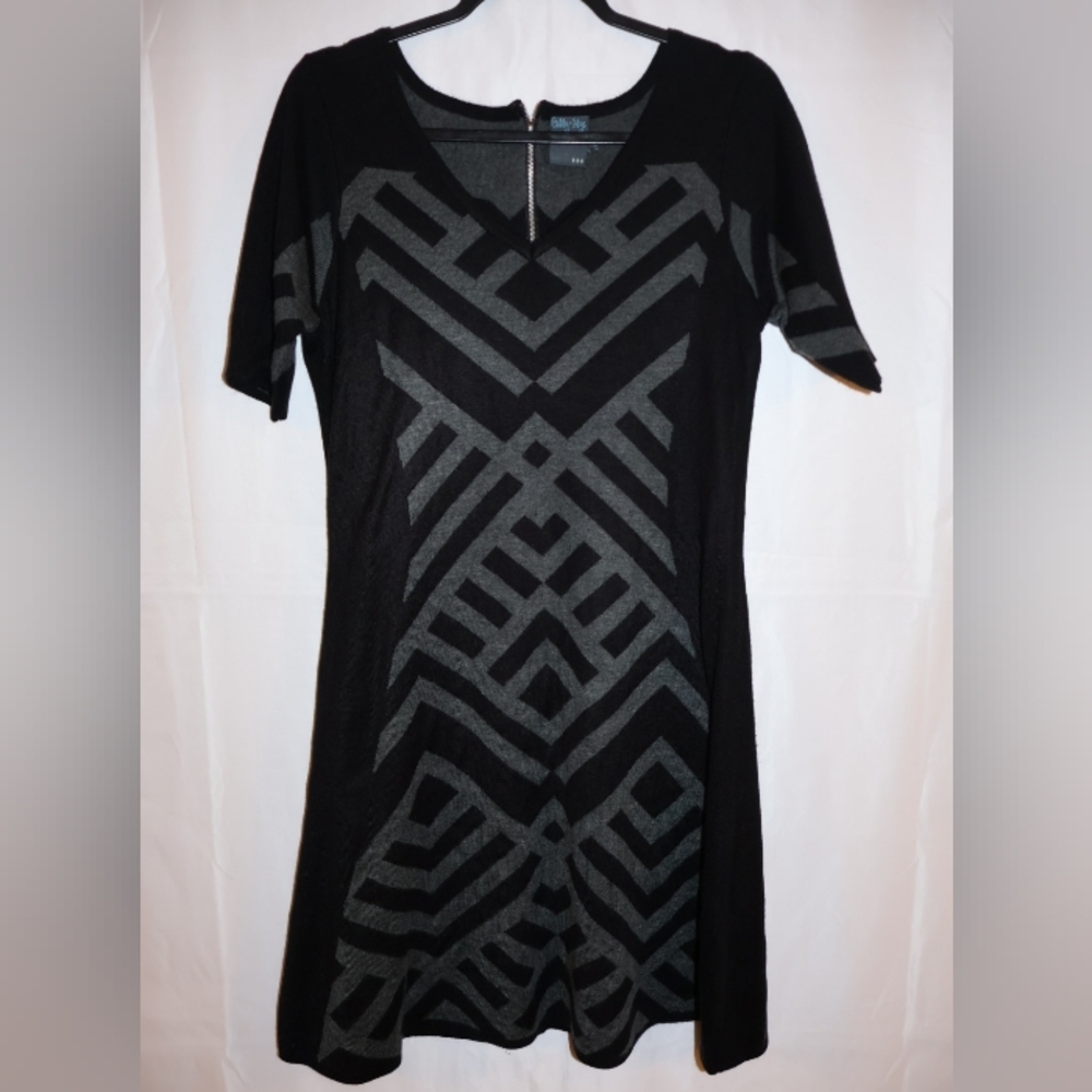 Gabby Skye Black and Gray Geometric Midi Sweater Dress.